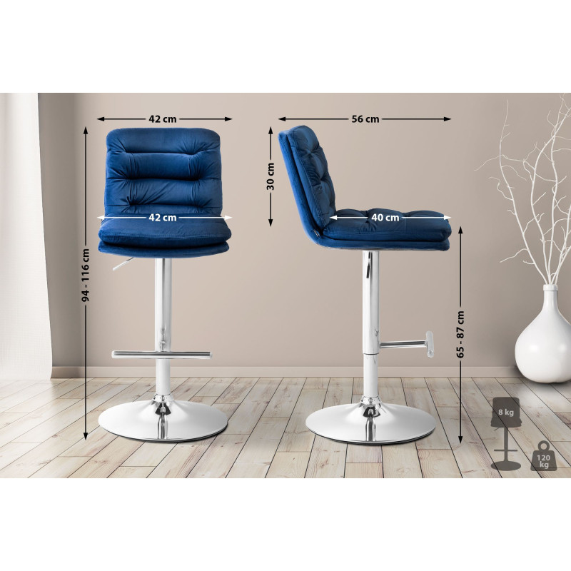 Tabouret de bar Damar en velours chromé bleu