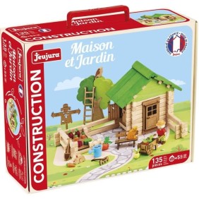 Maison et Jardin 135 Pieces - JEUJURA - Jeu de Construction en Bois Naturel, Tapis et Accessoires Inclus, 32x27x11 cm