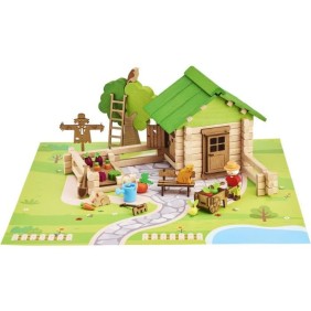 Maison et Jardin 135 Pieces - JEUJURA - Jeu de Construction en Bois Naturel, Tapis et Accessoires Inclus, 32x27x11 cm