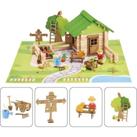 Maison et Jardin 135 Pieces - JEUJURA - Jeu de Construction en Bois Naturel, Tapis et Accessoires Inclus, 32x27x11 cm