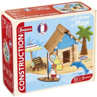 La Cabane de Plage 55 Pieces - JEUJURA - Jeu de Construction en Bois Naturel, Tapis et Accessoires Inclus, 22x18,5x8,5 cm