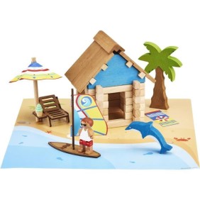 La Cabane de Plage 55 Pieces - JEUJURA - Jeu de Construction en Bois Naturel, Tapis et Accessoires Inclus, 22x18,5x8,5 cm