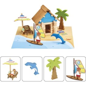 La Cabane de Plage 55 Pieces - JEUJURA - Jeu de Construction en Bois Naturel, Tapis et Accessoires Inclus, 22x18,5x8,5 cm