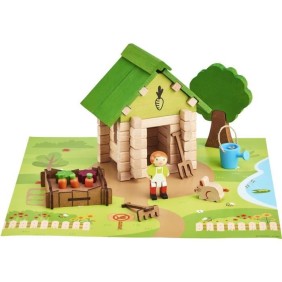 La Cabane du Jardinier 60 Pieces - JEUJURA - Jeu de Construction en Bois Naturel, Tapis et Accessoires Inclus, 22x18,5x8,5 cm