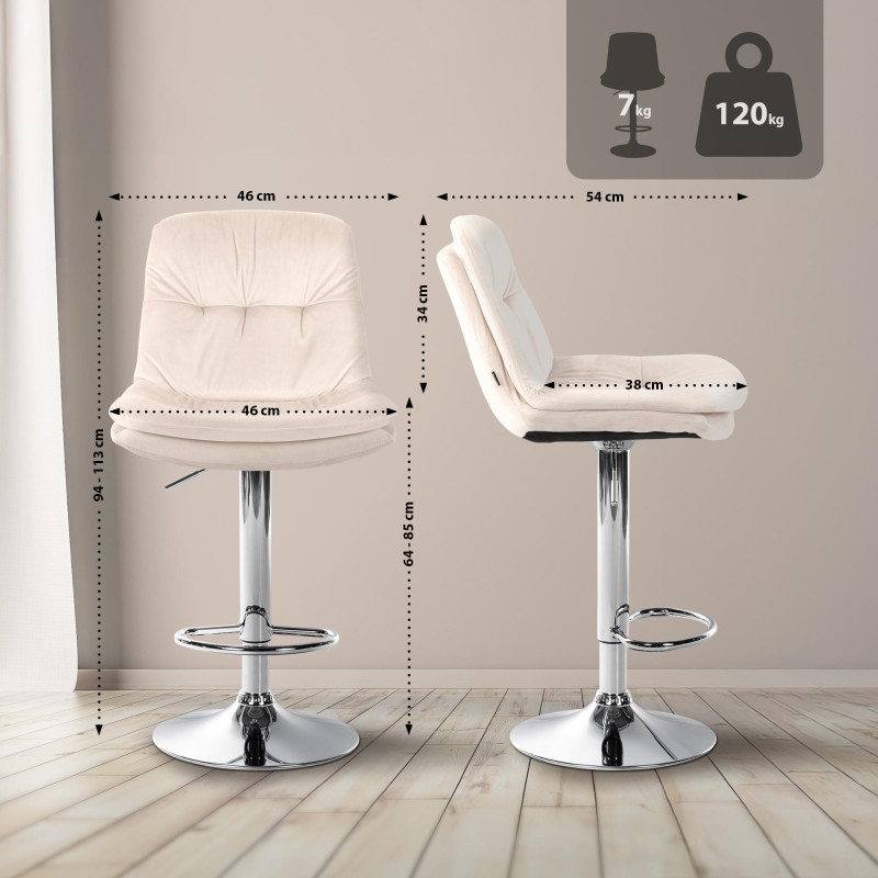 Tabouret de bar chromé en velours Laurel crème