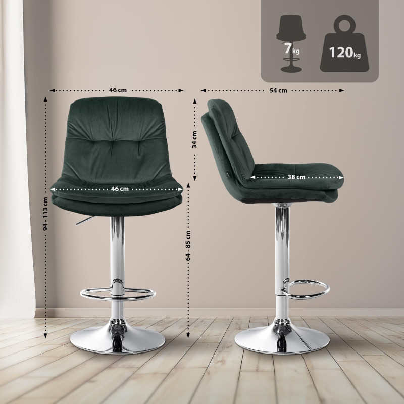 Tabouret de bar chromé en velours Laurel vert foncé