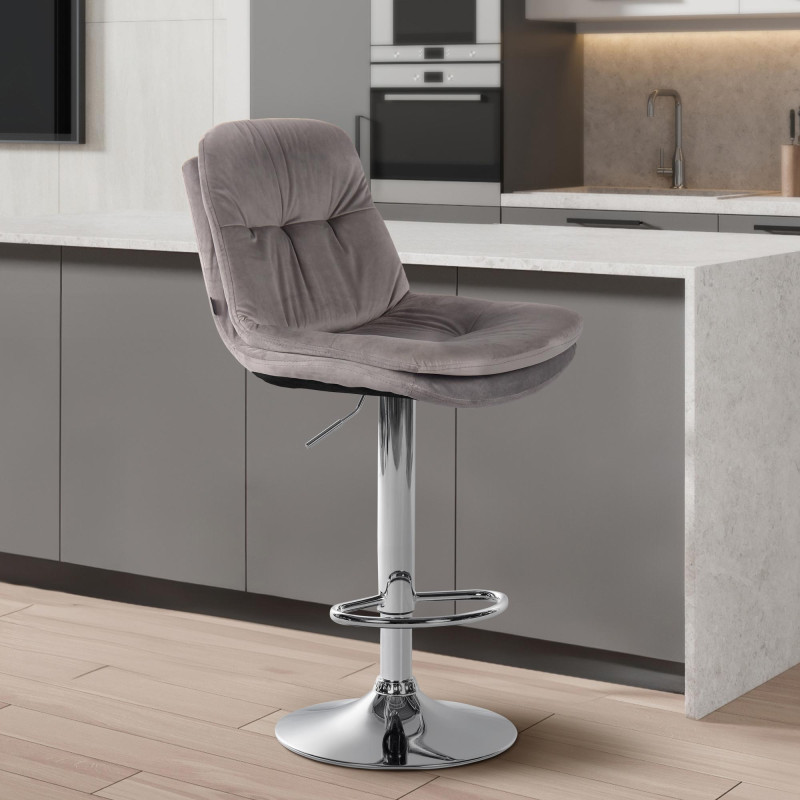 Tabouret de bar chromé en velours Laurel gris