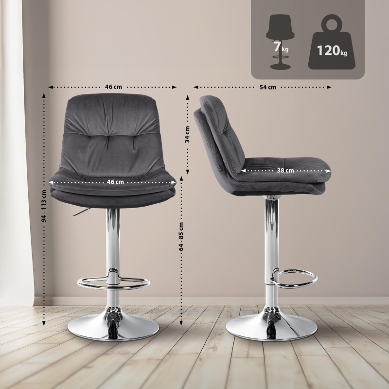 Tabouret de bar chromé en velours Laurel gris foncé
