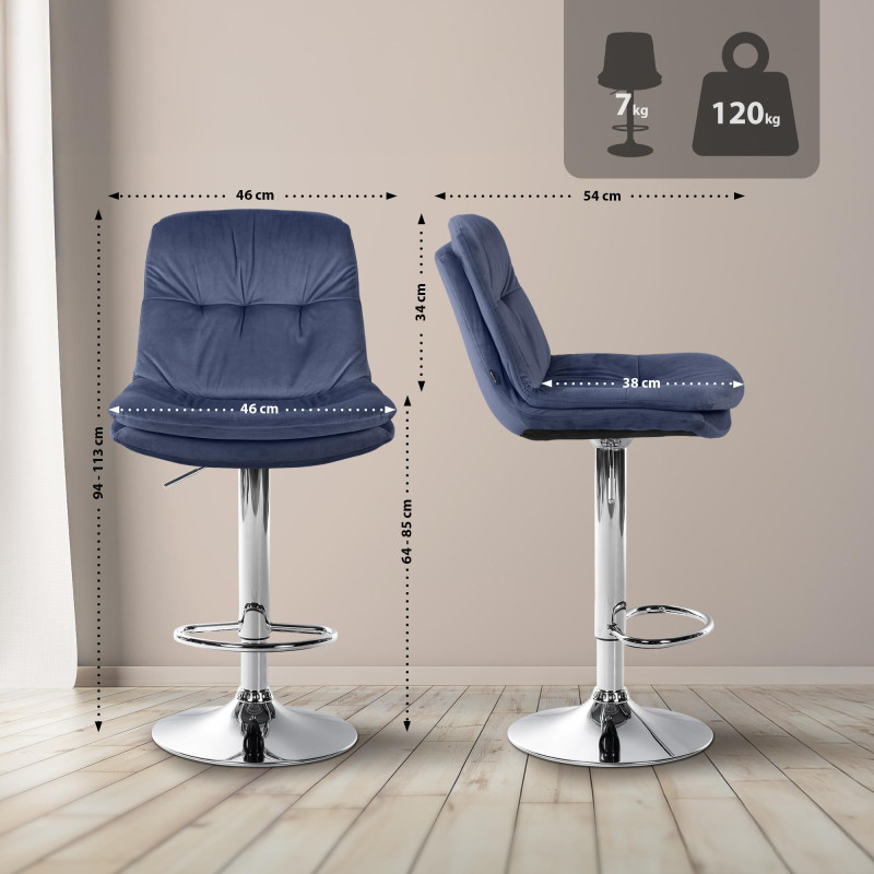 Tabouret de bar chromé en velours Laurel bleu