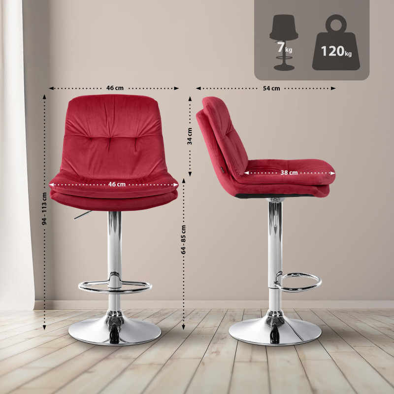 Tabouret de bar chromé en velours Laurel rouge