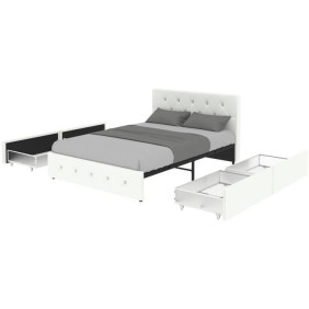 Lit adulte DAVID 140 x 190 cm - 4 tiroirs - Sommier inclus - Simili blanc