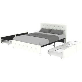 Lit adulte DAVID 160 x 200 cm - 4 tiroirs - Sommier inclus - Simili blanc