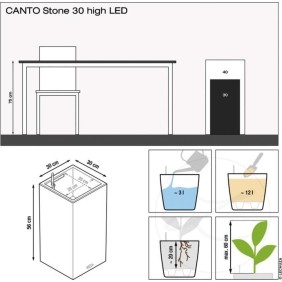 Pot de fleur LECHUZA Canto Stone Colonne 30 - kit complet LED, gris pierre