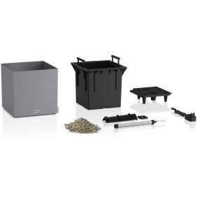 Pot de fleur LECHUZA Canto Stone Cube 30 - kit complet LED, gris pierre