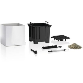 Pot de fleur LECHUZA Canto Premium Cube 40 - kit complet LED, blanc brillant