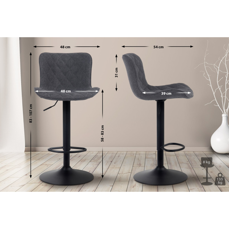 Lot de 2 tabourets de bar en tissu Emma noir