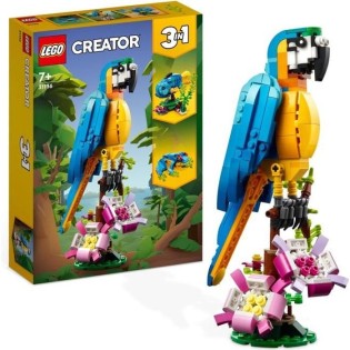 LEGO Creator 3-en-1 31136 Le Perroquet Exotique, Figurines Animaux de la Jungle, avec Grenouille et Poisson