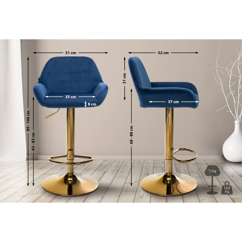 Lot de 2 tabourets de bar Braga en velours doré bleu