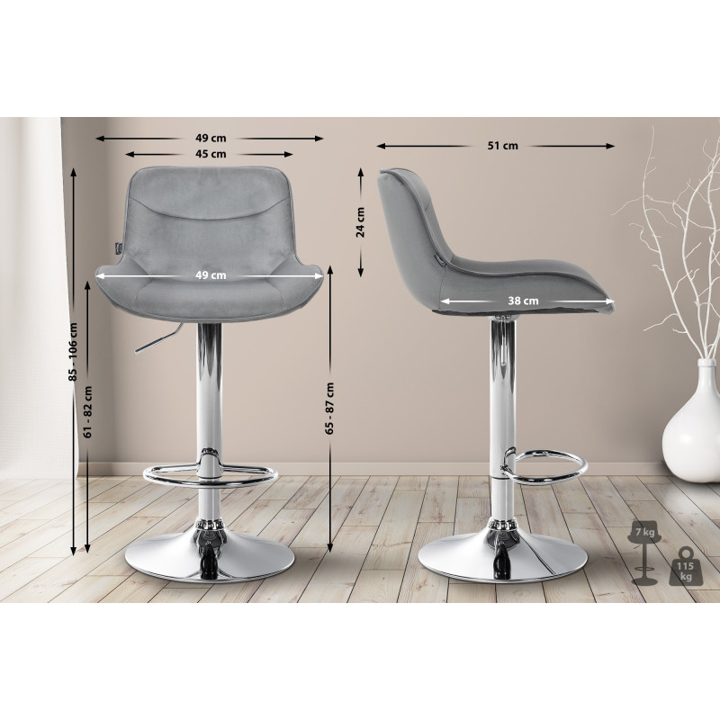 Lot de 2 tabourets de bar Vonore velours chrome gris