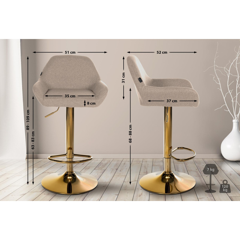 Lot de 2 tabourets de bar en tissu Braga Gold taupe