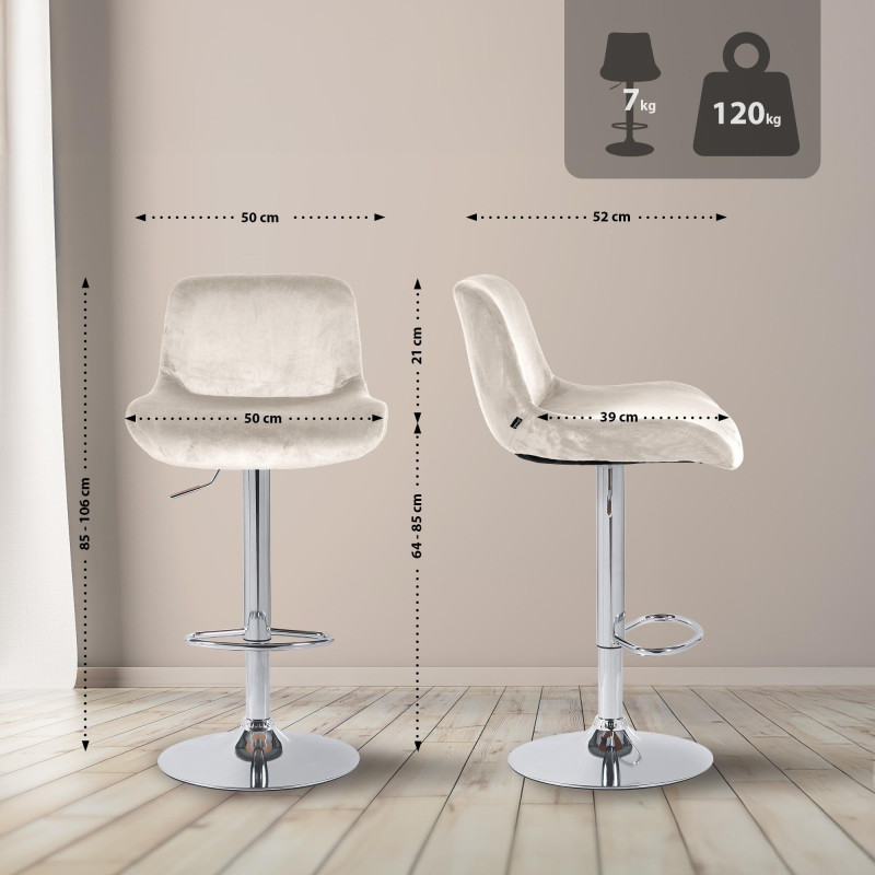 Lot de 2 tabourets de bar Solon en velours chromé crème