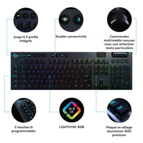 Clavier gamer - Sans fil - Logitech G - G915 Lightspeed - Mécanique - GL CLICKY SWITCH - Rétroéclairé - AZERTY - Noir