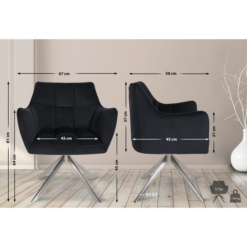 Chaise de salle à manger suspendue, velours, acier inoxydable, noire