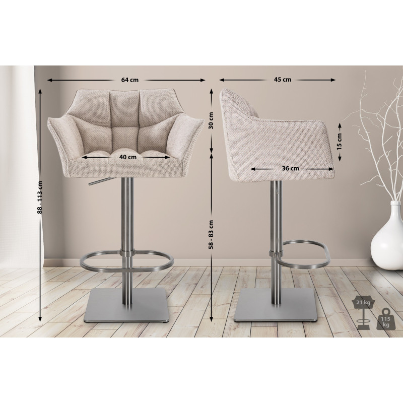 Lot de 2 tabourets de bar en tissu Damaso et acier inoxydable ivoire