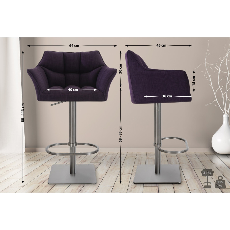 Lot de 2 tabourets de bar en tissu Damaso et acier inoxydable violet