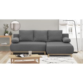 Canapé d'angle droit convertible MIKA 3 places - Tissu gris clair - Coffre de rangement - L218 x P98/145 x H84 cm