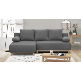 Canapé d'angle gauche convertible MIKA 3 places - Tissu gris clair - Coffre de rangement - L218 x P98/145 x H84 cm