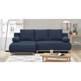 Canapé d'angle gauche convertible MIKA 3 places - Tissu bleu foncé - Coffre de rangement - L218 x P98/145 x H84 cm