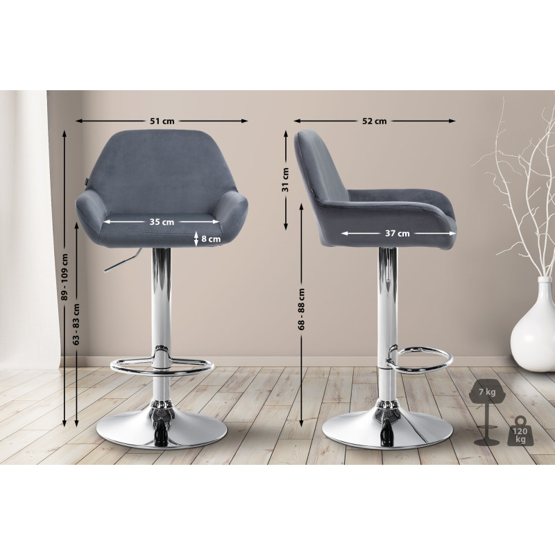 Tabouret de bar Braga velours chrome gris foncé