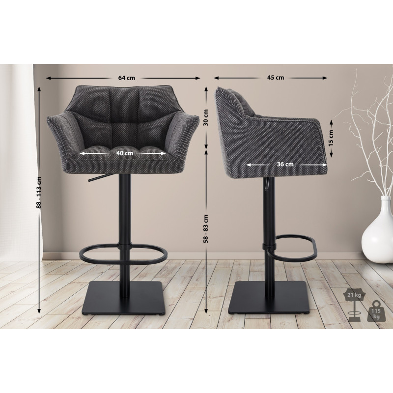 Lot de 2 tabourets de bar en tissu Damaso noir gris titane