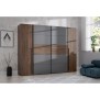 Armoire NARAGO - Décor Noyer Bakersfield et gris - 2 portes coulissantes + 2 portes battantes - L270 x P61 x H210 cm