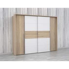 Armoire NARAGO - Décor Chene Sonoma et blanc mat - 2 portes coulissantes + 2 portes battantes - L270 x P61 x H210 cm