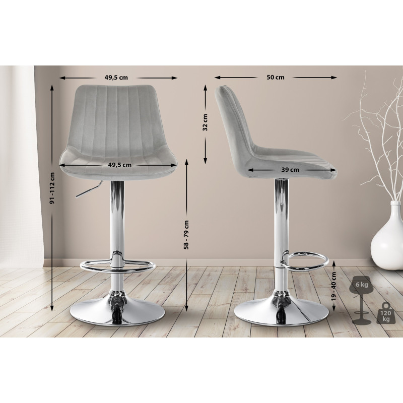 Tabouret de bar Toni velours chromé gris
