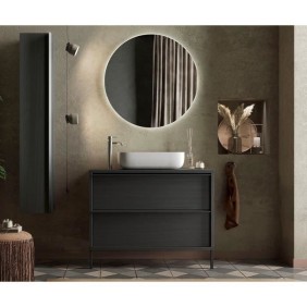 STEEL Ensemble Meuble salle de bain  L 92 + vasque + 2 Tiroirs  - Coloris Chene noir brulé