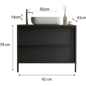 STEEL Ensemble Meuble salle de bain  L 92 + vasque + 2 Tiroirs  - Coloris Chene noir brulé