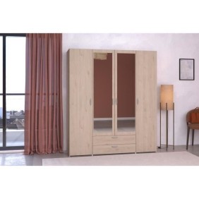 Armoire VARIA - Décor chene et blanc - 4 portes - 2 tiroirs - Portes centrales avec miroirs - 159,9 x 185 x 51,7