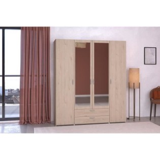 Armoire VARIA - Décor chene et blanc - 4 portes - 2 tiroirs - Portes centrales avec miroirs - 159,9 x 185 x 51,7