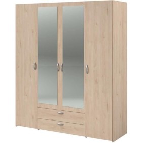 Armoire VARIA - Décor chene et blanc - 4 portes - 2 tiroirs - Portes centrales avec miroirs - 159,9 x 185 x 51,7