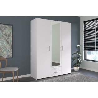 Armoire VARIA - Décor blanc - 3 portes  + 2 tiroirs + miroir - L 150 x H 200 x 51 cm