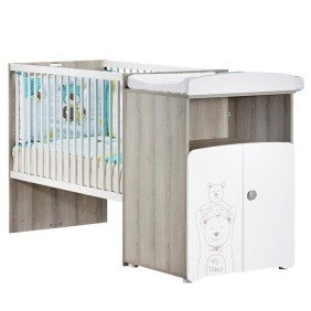 Lit combiné - 120x60cm - Evolutif en 90x190cm - Babyprice Teddy - En bois - Blanc - Sérigraphie ours