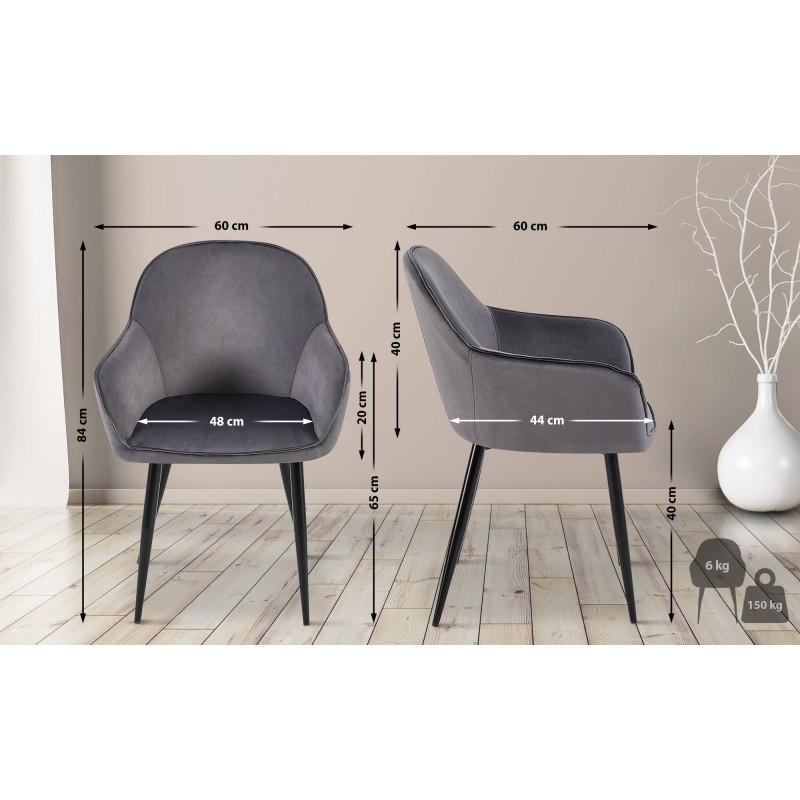 Chaise de salle à manger Boise, velours, gris foncé