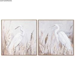 Cadre Home ESPRIT Blanc Beige Gris Oiseau Oriental 80 x 3,5 x 80 cm (2 Unités)