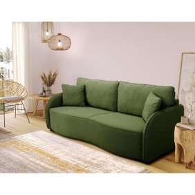 Canapé convertible BARI 3 places - Tissu olive - Coffre de rangement - L215 x H89 x P100 cm