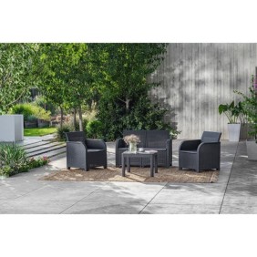 Salon de jardin avec coussins - en résine imitation rotin tressé coloris gris graphite - Allibert by KETER - 4 personnes - SANRE