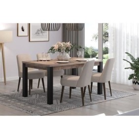 Table a manger fixe EMILE 6 personnes - Mélamine chene brun tabac et noir mat - L160 x P90 x H77 cm - TRENDTEAM