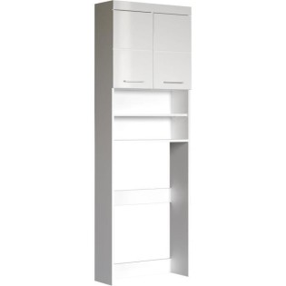 Meuble rangement dessus machine a laver AMANDA - 2 portes - Blanc brillant - L63 x P24 x H187 cm